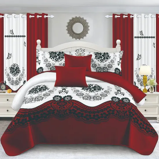 Wholesale Red Luxury Hotel Printing Comforter Polyester Cotton Bed Sheets Pillow Cases Colored 11 Piece Home Textile Quilted Bedspread Bedding Set with Curtain 