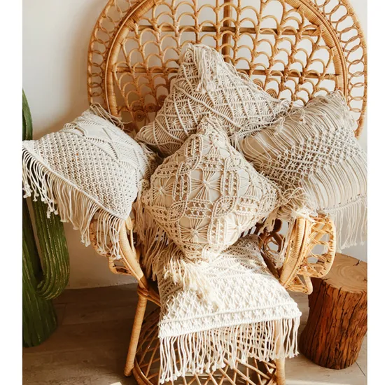 Decorative Cushion Cover Yellow Pink Grey with Hand Made Woven Pillow Cover Tassels Home Decoration Macrame Pillow Case for Sofa Bed 