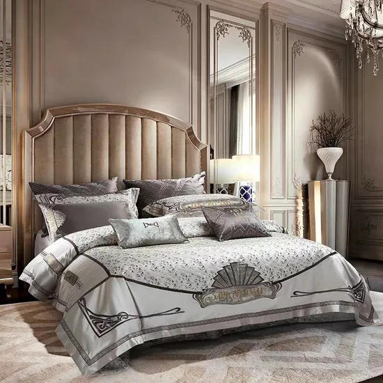 Luxury Bed Sheets Fitted Sheet Silver Embroidery Comforter Duvet Cover King Size Coverlets 100% Cotton Pillowcases Top Home Textile Bedding Set Supplier 