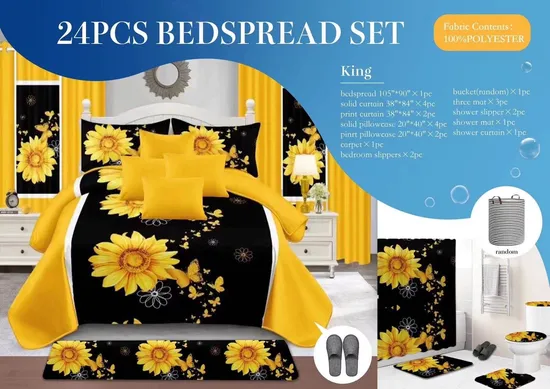 Wholesale 24piece Blue Plant Print Home Textile Bedding Set with Curtain Bed Cover Blanket with Bathroom Sabanas Microfiber Polyester Cotton Bedroom Bed Sheets 