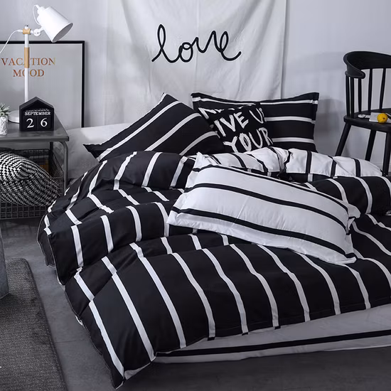 Wholesale Black and White Reversible Stripe Printed Microfiber Polyester Home Textile Bedsheet Duvet Cover Bedding Set