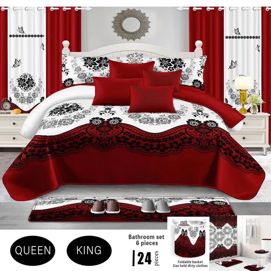 Guangdong Printing High Quality 24piece Home Textile Red Polyester Cotton Bed Sheets Bathroom 6PC Quilted Bed Cover Bedspread Luxury Bedding Set with Curtains 