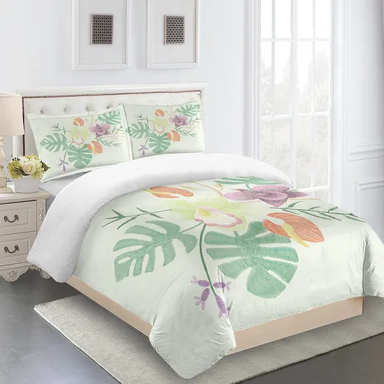 Breathable and Textured Duvet Cover Set, Floral Print Reversible Botanical Comforter Set with 2 Pillowcases 