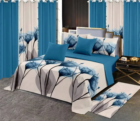 Customizable Guangdong Blue Bed Cover Printing Cotton Polyester Bed Sheets Pillowcase Colored Home Textile Quilted Bedspread Luxury Bedding Set 